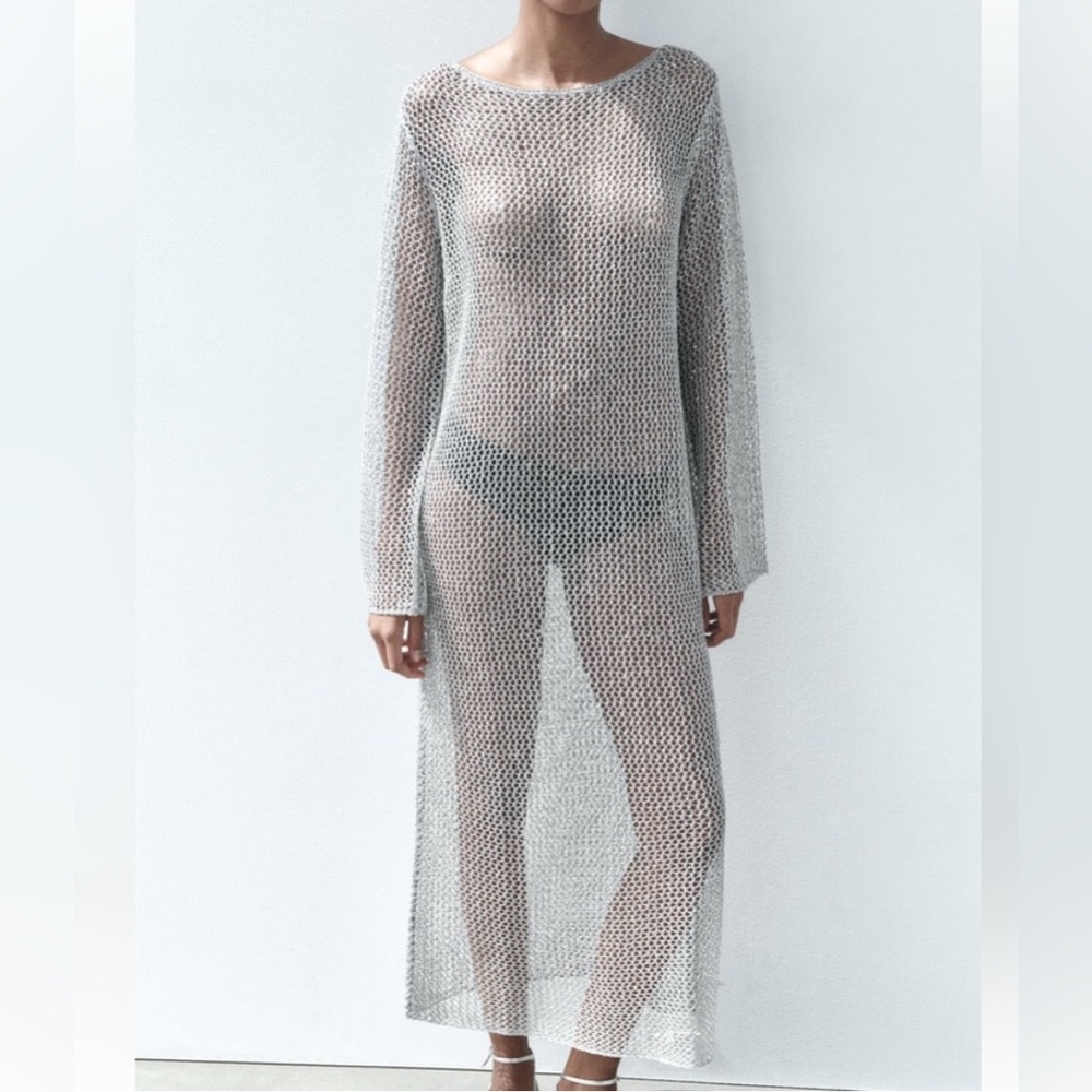 ZARA LONG METALLIC MESH KNIT DRESS SILVER MEDIUM